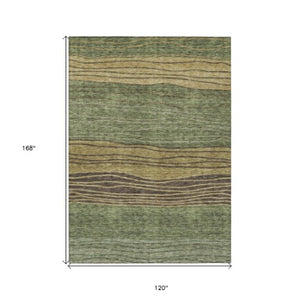Homeroots 3' Artichoke Green And Taupe Striped Washable Indoor Outdoor Area Rug For Stylish Spaces 10' X 14' Polyester 583881