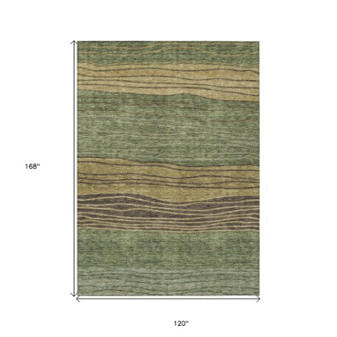 Homeroots 3' Artichoke Green And Taupe Striped Washable Indoor Outdoor Area Rug For Stylish Spaces 10' X 14' Polyester 583881