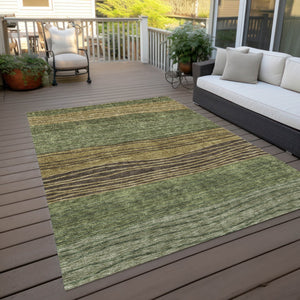 Homeroots 3' Artichoke Green And Taupe Striped Washable Indoor Outdoor Area Rug For Stylish Spaces 10' X 14' Polyester 583881