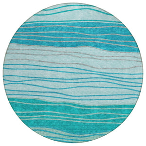 HomeRoots 5' Coastal Striped Area Rug in Sky Blue, Teal, and Aqua - Washable for Indoor and Outdoor Use 8' Round 583884