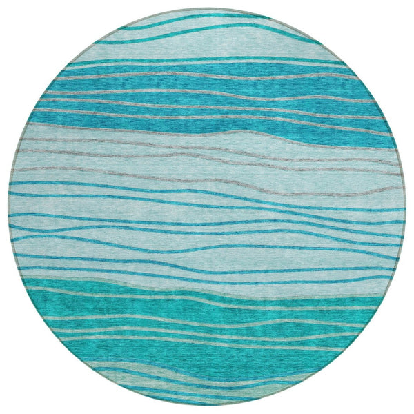 HomeRoots 5' Coastal Striped Area Rug in Sky Blue, Teal, and Aqua - Washable for Indoor and Outdoor Use 8' Round 583884