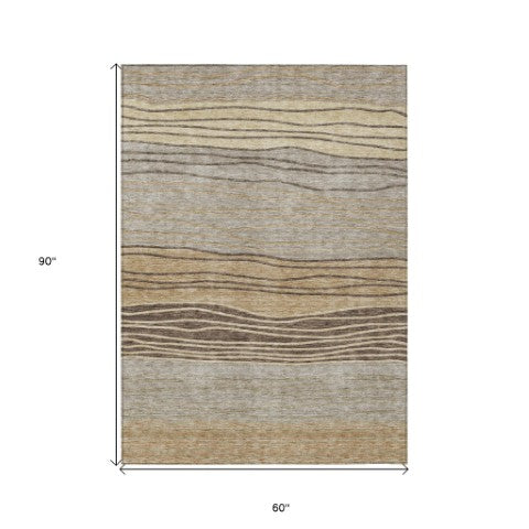 Homeroots 3' Artichoke Green And Taupe Striped Washable Indoor Outdoor Area Rug For Stylish Spaces 5' X 8' Polyester 583889