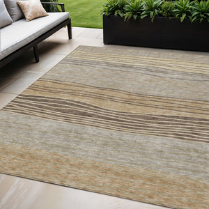 Homeroots 3' Artichoke Green And Taupe Striped Washable Indoor Outdoor Area Rug For Stylish Spaces 5' X 8' Polyester 583889