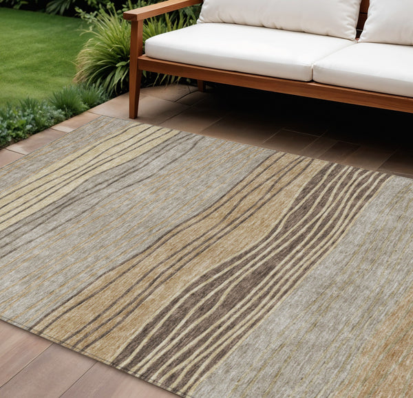 Homeroots 3' Artichoke Green And Taupe Striped Washable Indoor Outdoor Area Rug For Stylish Spaces 10' X 14' Polyester 583893