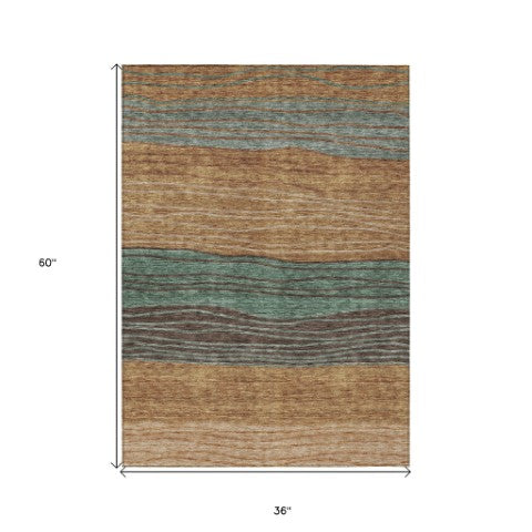 Homeroots 3' Artichoke Green And Taupe Striped Washable Indoor Outdoor Area Rug For Stylish Spaces 3' X 5' Polyester 583894