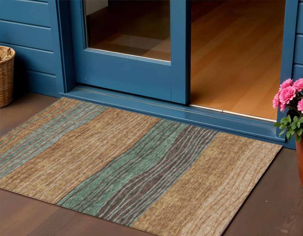 Homeroots 3' Artichoke Green And Taupe Striped Washable Indoor Outdoor Area Rug For Stylish Spaces 3' X 5' Polyester 583894