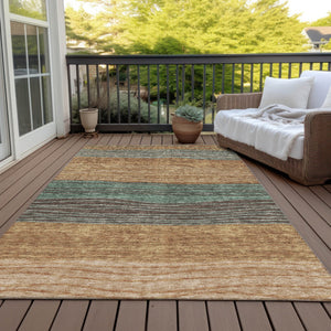 Homeroots 3' Artichoke Green And Taupe Striped Washable Indoor Outdoor Area Rug For Stylish Spaces 3' X 5' Polyester 583894