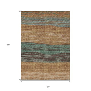 Homeroots 3' Artichoke Green And Taupe Striped Washable Indoor Outdoor Area Rug For Stylish Spaces 5' X 8' Polyester 583895
