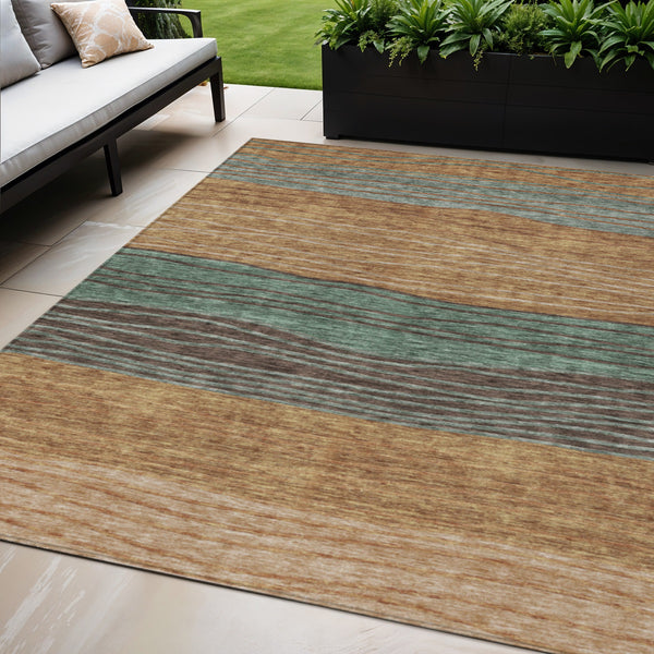 Homeroots 3' Artichoke Green And Taupe Striped Washable Indoor Outdoor Area Rug For Stylish Spaces 5' X 8' Polyester 583895