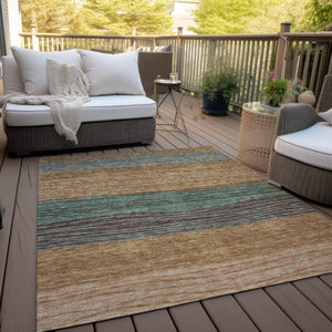 Homeroots 3' Artichoke Green And Taupe Striped Washable Indoor Outdoor Area Rug For Stylish Spaces 5' X 8' Polyester 583895