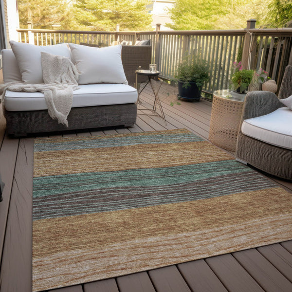 Homeroots 3' Artichoke Green And Taupe Striped Washable Indoor Outdoor Area Rug For Stylish Spaces 5' X 8' Polyester 583895