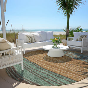 Homeroots 3' Artichoke Green And Taupe Striped Washable Indoor Outdoor Area Rug For Stylish Spaces 8' Round Polyester 583896