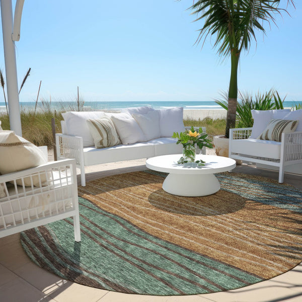 Homeroots 3' Artichoke Green And Taupe Striped Washable Indoor Outdoor Area Rug For Stylish Spaces 8' Round Polyester 583896