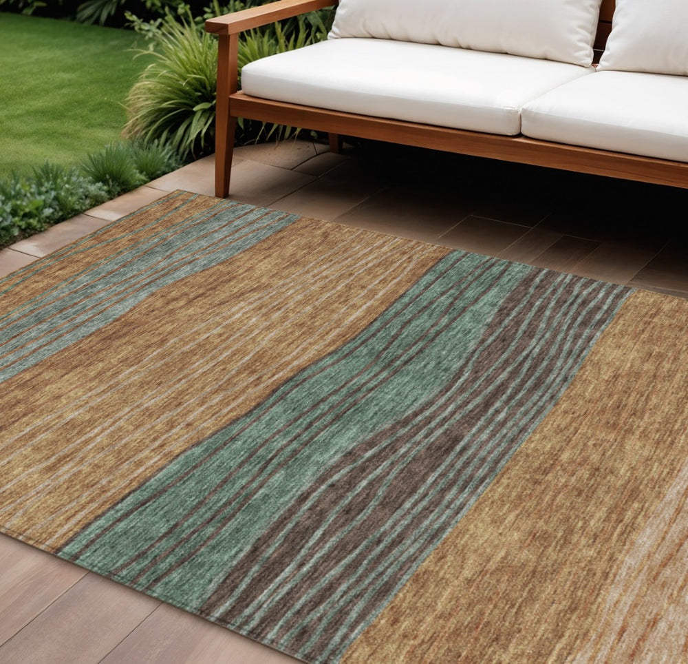 HomeRoots 5' Terra Cotta Copper Beige Striped Indoor Outdoor Area Rug – Durable, Washable, Stylish Design 8' X 10' 583897