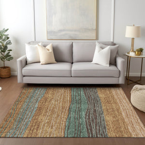 Homeroots 3' Artichoke Green And Taupe Striped Washable Indoor Outdoor Area Rug For Stylish Spaces 8' X 10' Polyester 583897