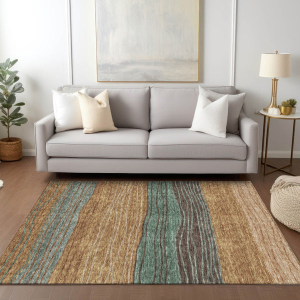 Homeroots 3' Artichoke Green And Taupe Striped Washable Indoor Outdoor Area Rug For Stylish Spaces 8' X 10' Polyester 583897