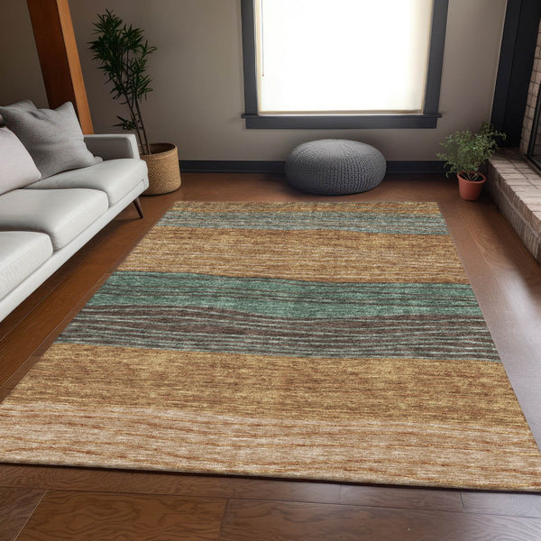 Homeroots 3' Artichoke Green And Taupe Striped Washable Indoor Outdoor Area Rug For Stylish Spaces 10' X 14' Polyester 583899