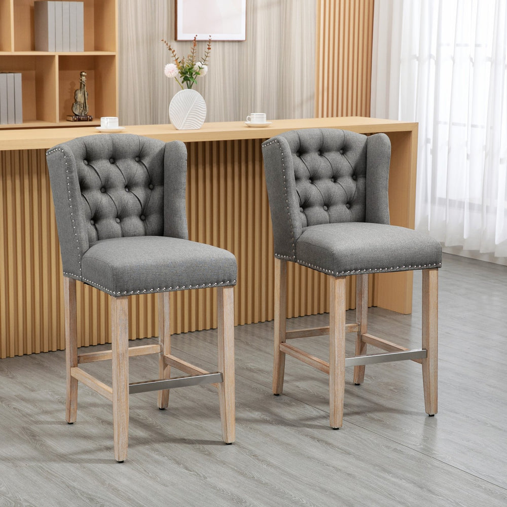 English Elm HOMCOM 26.75" Counter Height Bar Stools Set of 2 with Cushioned Linen Seats & Solid Wood Legs, Light Gray W2225P173998