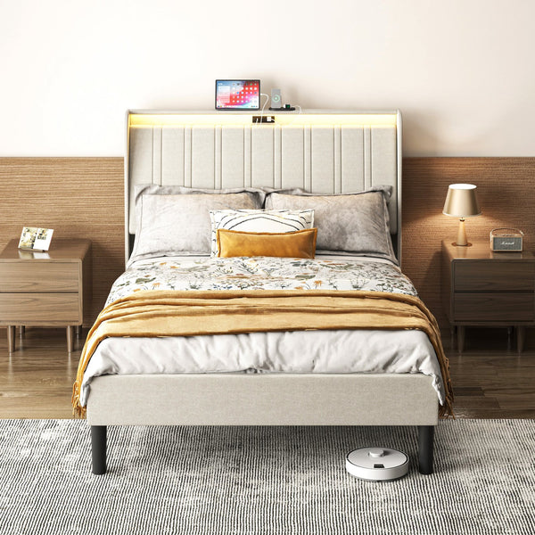 English Elm Twin Size Platform Bed with Beige Fabric Headboard, 800lb Metal/Wood Frame, USB Ports & Outlets W2889P272594