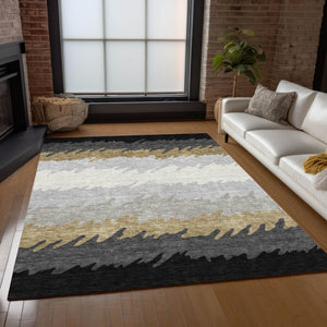 Homeroots 3' Black Charcoal And Silver Striped Area Rug - Stylish, Washable, Durable For Indoor & Outdoor Use 8' X 10' Polyester 583903