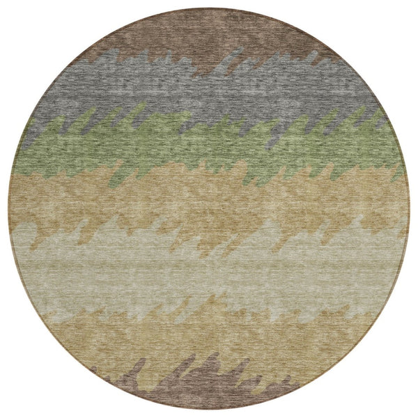 HomeRoots 5' Stylish Chocolate Gray and Green Striped Washable Area Rug for Indoor and Outdoor Durability 8' Round 583914