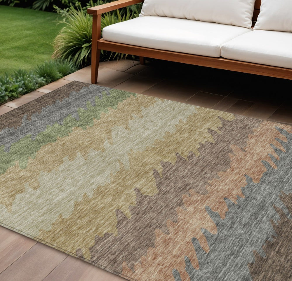 HomeRoots 9' Chocolate Gray and Green Striped Washable Area Rug for Indoor and Outdoor Comfort and Style 9' X 12' 583916