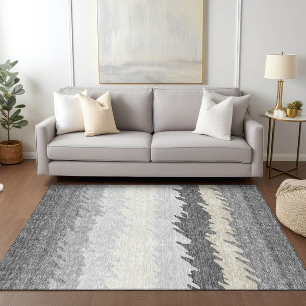 Homeroots 3' Black Charcoal And Silver Striped Area Rug - Stylish, Washable, Durable For Indoor & Outdoor Use 10' X 14' Polyester 583929