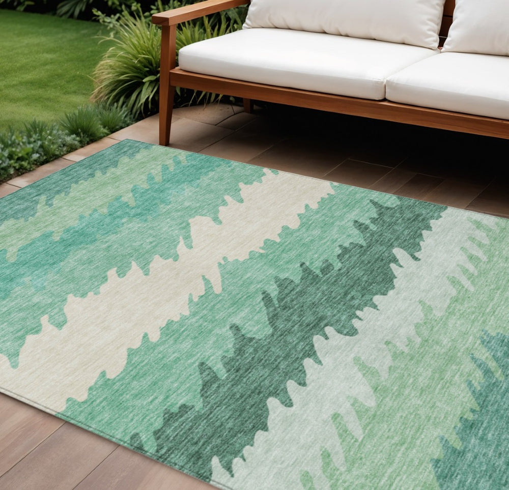 HomeRoots 5' Sage Green and Ivory Striped Area Rug - Durable, Washable, Stylish for Indoor and Outdoor Spaces 10' X 14' 583947