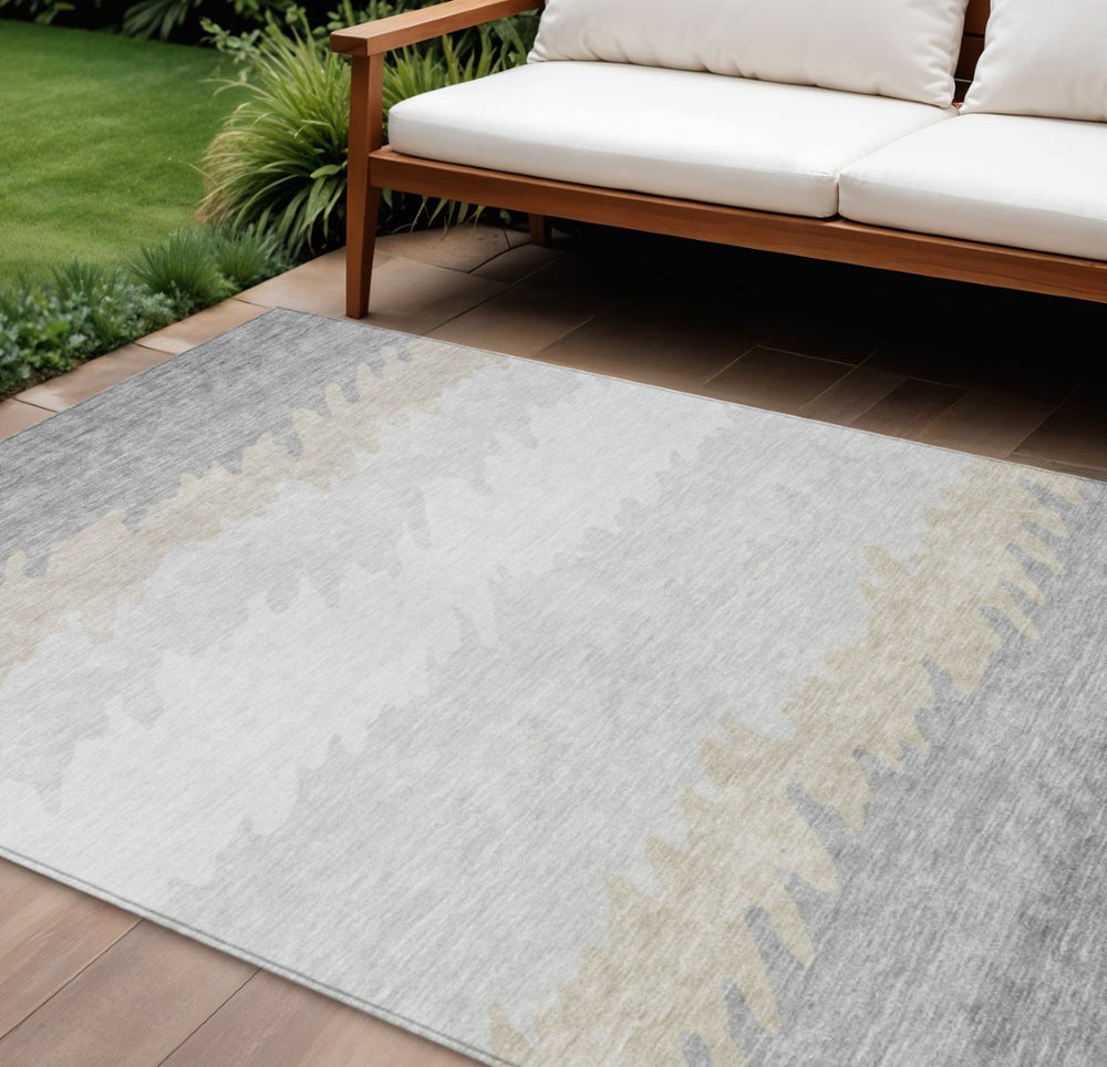 HomeRoots 5' Striped Washable Area Rug in Silver Gray and Beige for Indoor and Outdoor Style and Durability 10' X 14' 583953