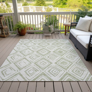HomeRoots 5' Artichoke Green and Ivory Geometric Indoor Outdoor Area Rug – Durable, Washable, Modern Style 5' X 8' 583961
