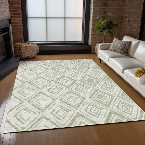 HomeRoots 5' Artichoke Green and Ivory Geometric Indoor Outdoor Area Rug – Durable, Washable, Modern Style 5' X 8' 583961