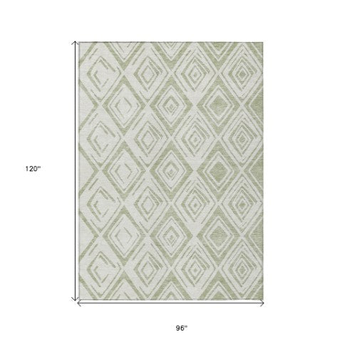 Homeroots 3' Artichoke Green & Ivory Geometric Washable Area Rug For Indoor/Outdoor Spaces, Durable & Stylish 8' X 10' Polyester 583963