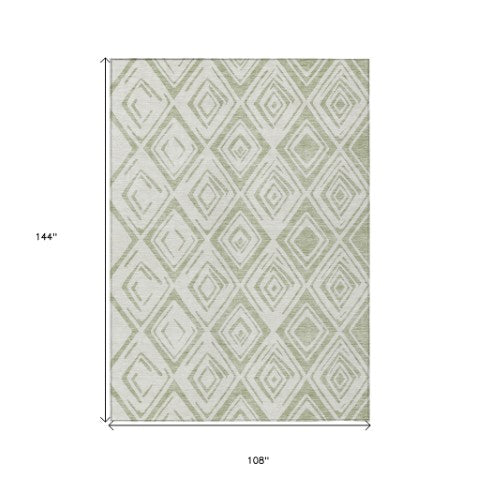Homeroots 3' Artichoke Green & Ivory Geometric Washable Area Rug For Indoor/Outdoor Spaces, Durable & Stylish 9' X 12' Polyester 583964