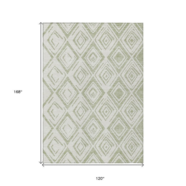 HomeRoots 5' Artichoke Green and Ivory Geometric Indoor Outdoor Area Rug – Durable, Washable, Modern Style 10' X 14' 583965