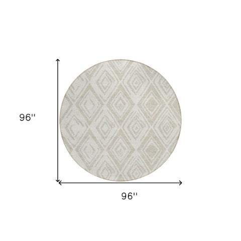 Homeroots 3' Artichoke Green & Ivory Geometric Washable Area Rug For Indoor/Outdoor Spaces, Durable & Stylish 8' Round Polyester 583968