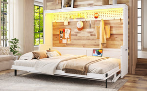 English Elm Queen Murphy Bed with Fold Down Desk Led Lighting and Usb Port for Home Office White W1580S00456