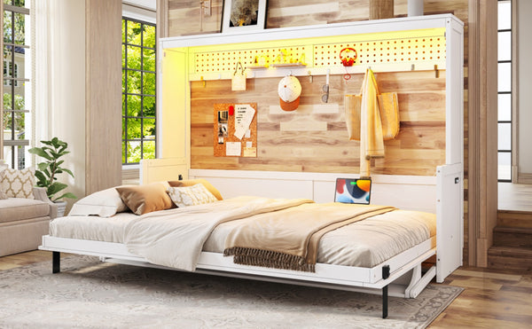 English Elm Queen Murphy Bed with Fold Down Desk Led Lighting and Usb Port for Home Office White W1580S00456