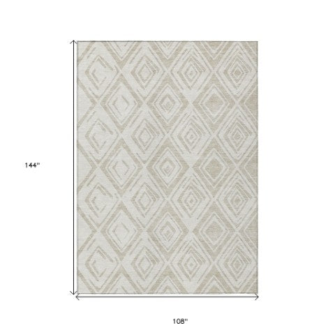 Homeroots 3' Artichoke Green & Ivory Geometric Washable Area Rug For Indoor/Outdoor Spaces, Durable & Stylish 9' X 12' Polyester 583970