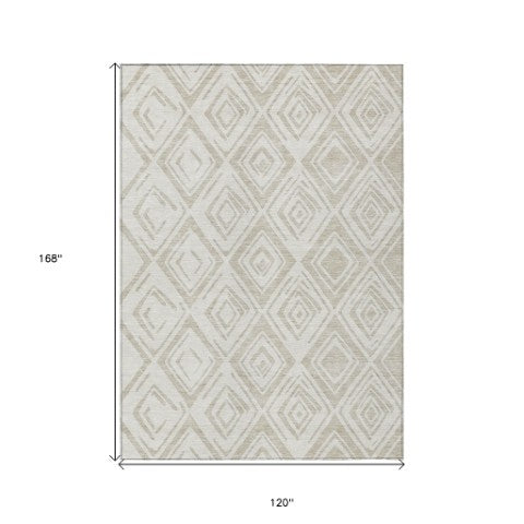Homeroots 3' Artichoke Green & Ivory Geometric Washable Area Rug For Indoor/Outdoor Spaces, Durable & Stylish 10' X 14' Polyester 583971
