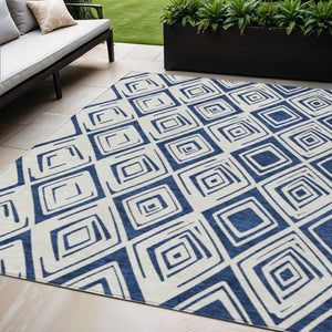 HomeRoots 5' Navy Blue and Ivory Geometric Area Rug - Stylish, Washable, Durable for Indoor and Outdoor Spaces 5' X 8' 583985