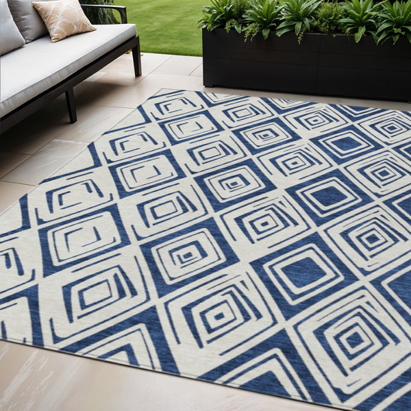 HomeRoots 5' Navy Blue and Ivory Geometric Area Rug - Stylish, Washable, Durable for Indoor and Outdoor Spaces 5' X 8' 583985