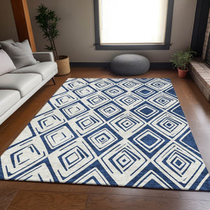 HomeRoots 5' Navy Blue and Ivory Geometric Area Rug - Stylish, Washable, Durable for Indoor and Outdoor Spaces 5' X 8' 583985
