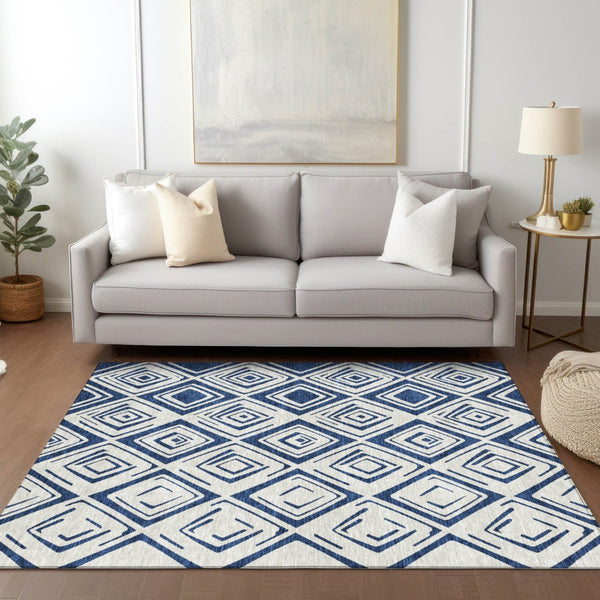 HomeRoots 5' Navy Blue and Ivory Geometric Area Rug - Stylish, Washable, Durable for Indoor and Outdoor Spaces 5' X 8' 583985