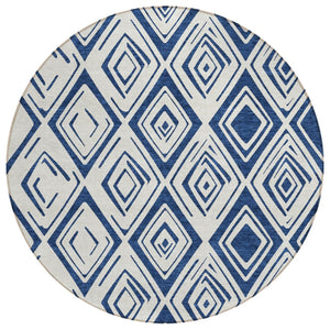HomeRoots 5' Navy Blue and Ivory Geometric Area Rug - Stylish, Washable, Durable for Indoor and Outdoor Spaces 8' Round 583986