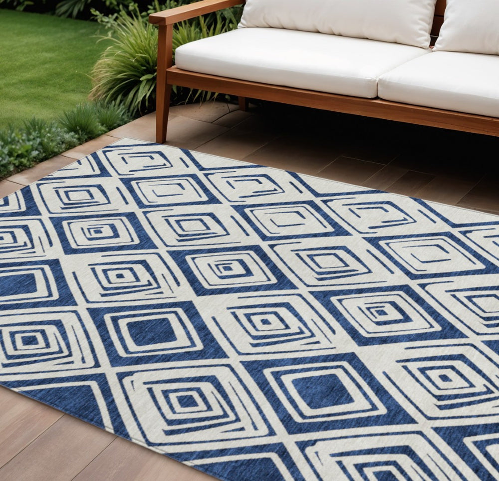 HomeRoots 9' Navy Blue and Ivory Geometric Area Rug - Stylish, Durable, Washable for Indoor and Outdoor Use 9' X 12' 583988
