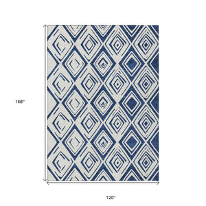 HomeRoots 5' Navy Blue and Ivory Geometric Area Rug - Stylish, Washable, Durable for Indoor and Outdoor Spaces 10' X 14' 583989