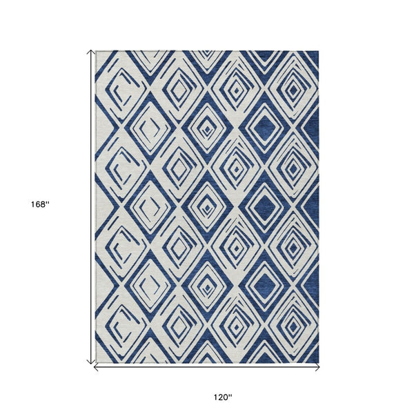 HomeRoots 5' Navy Blue and Ivory Geometric Area Rug - Stylish, Washable, Durable for Indoor and Outdoor Spaces 10' X 14' 583989