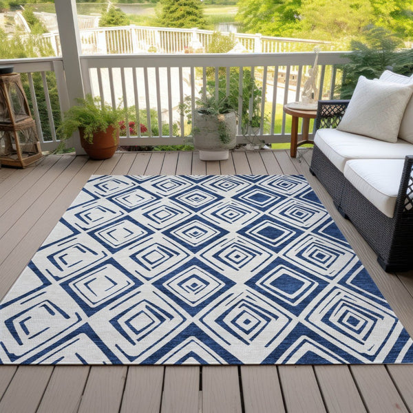 HomeRoots 5' Navy Blue and Ivory Geometric Area Rug - Stylish, Washable, Durable for Indoor and Outdoor Spaces 10' X 14' 583989