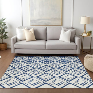 HomeRoots 5' Navy Blue and Ivory Geometric Area Rug - Stylish, Washable, Durable for Indoor and Outdoor Spaces 10' X 14' 583989