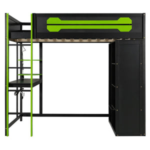English Elm Full Size Gaming Loft Bed with Rgb Lighting Integrated Desk and Open Wardrobe Green N820S00073F